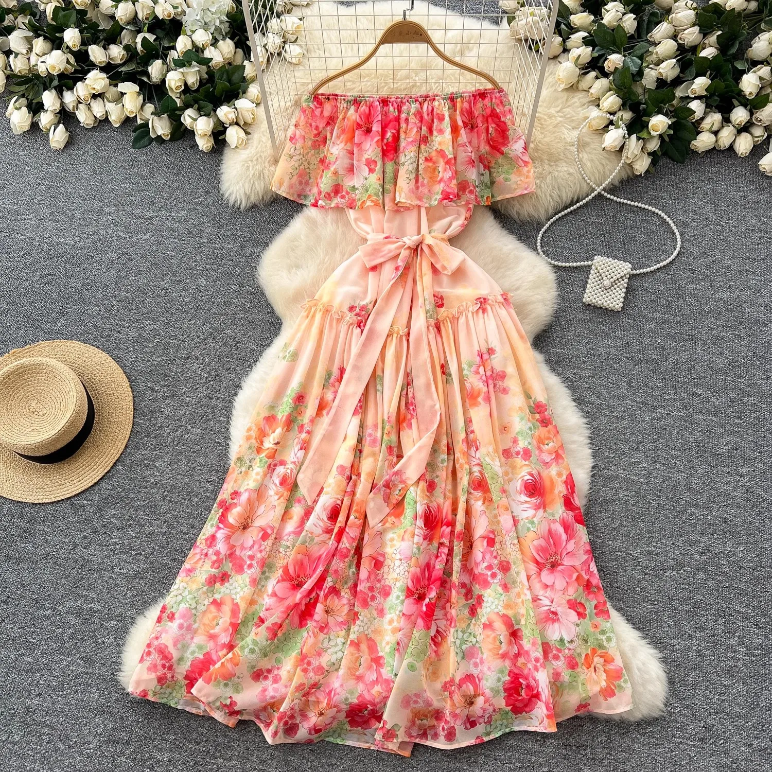 

Summer Holidays Gorgeous Flower Chiffon Dress Women Sexy Off The Shoulder Elastic Waist Floral Print Maxi Boho Robe Vestidos