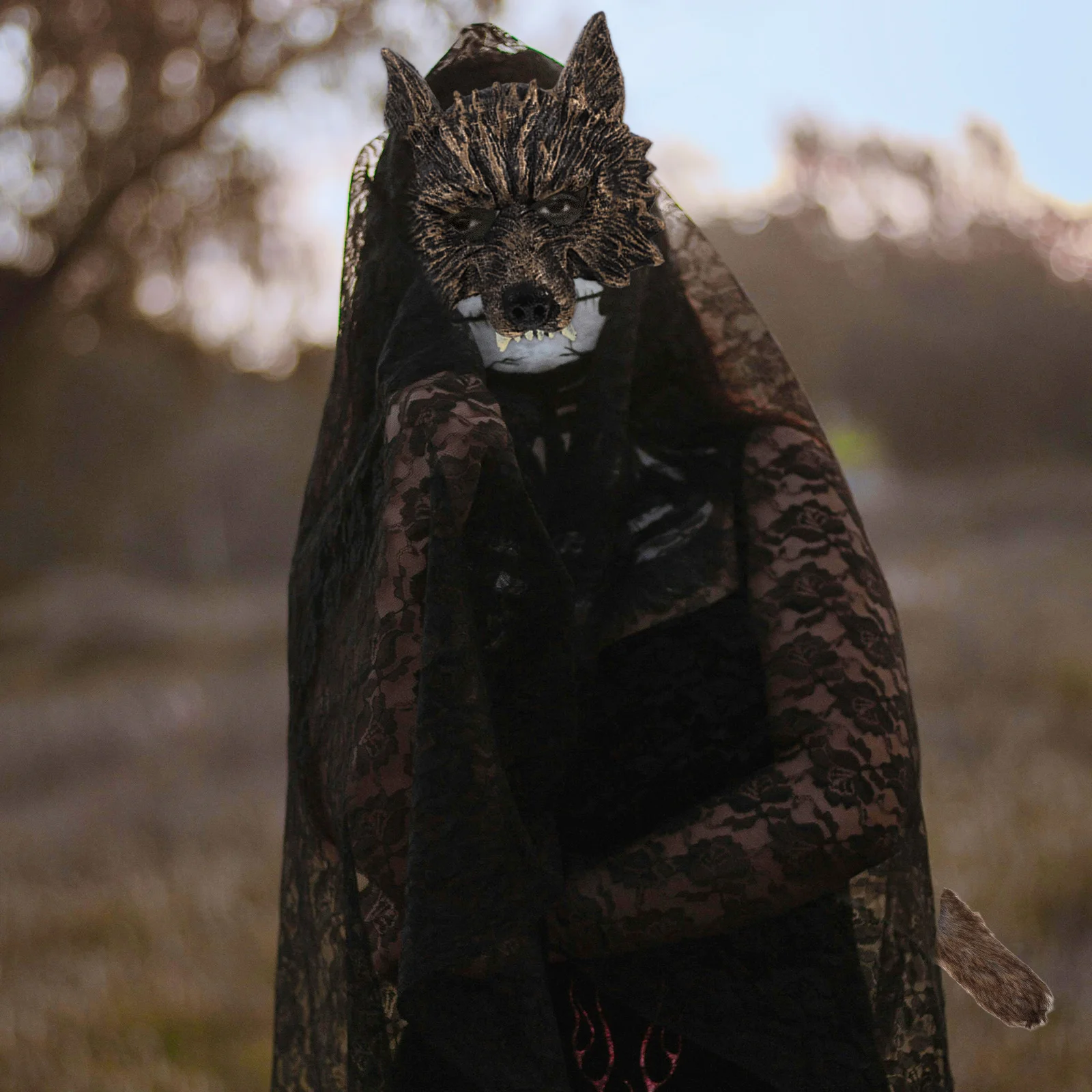 Zestaw maski wilka i ogona, realistyczny kostium wilkołaka, maskarada zwierzęca, impreza Halloween, występ na scenie dla dorosłych i dzieci.