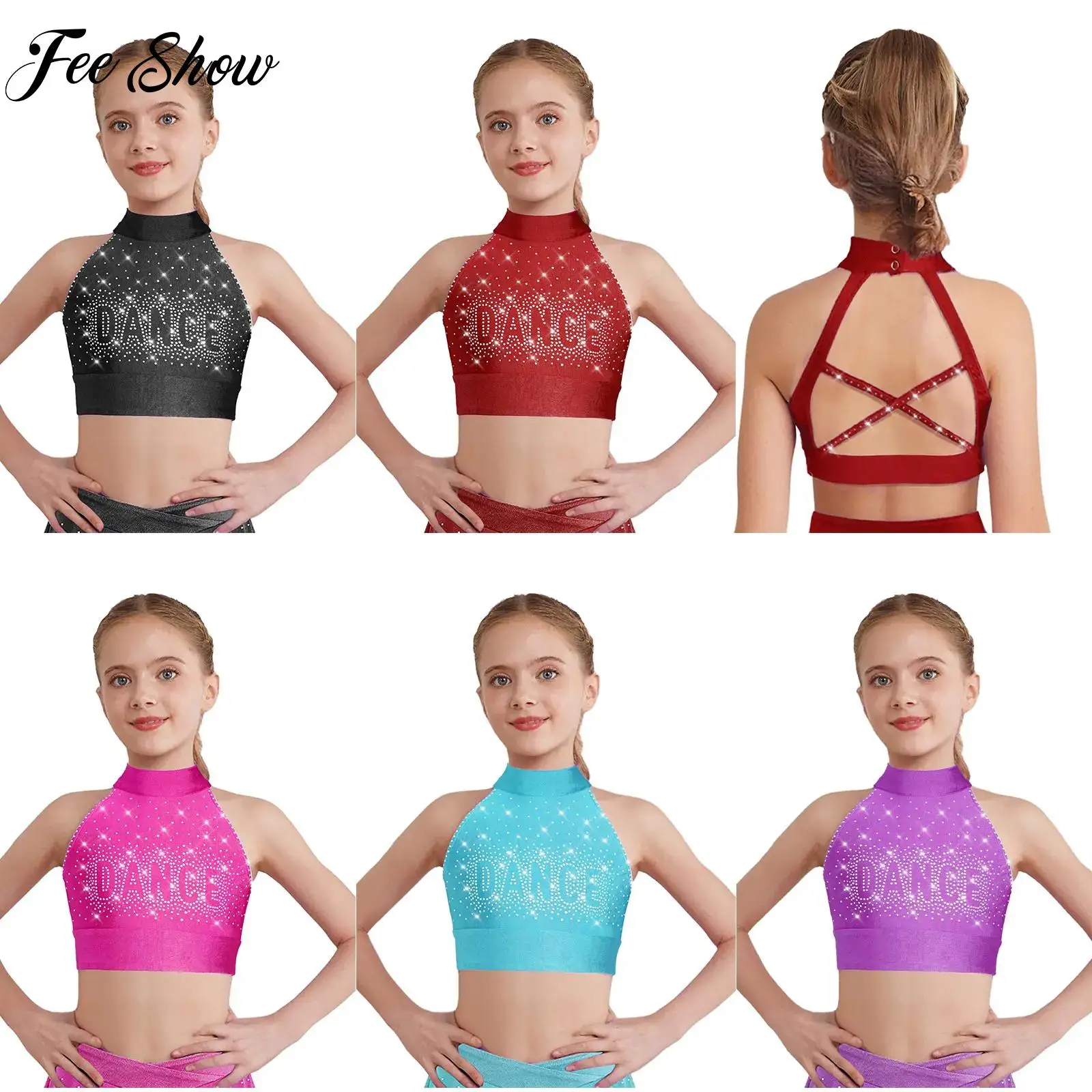 

Children Girls Rhinestones Cheerleading Dance Tops Halter Sleeveless Cross Back Crop Top for Ballet Dance Gymnastics Performance