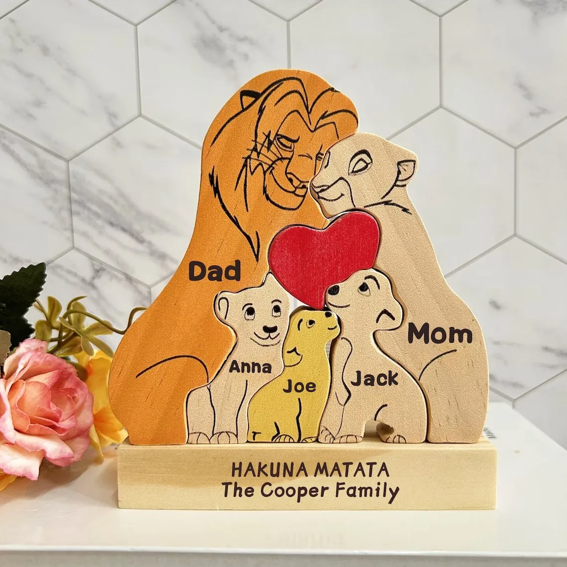 Wooden Carved Lion Puzzles with Engraved Name Personalized Father's Birthday Gift Cute Wooden Desk Decor Family Keepsake Gift