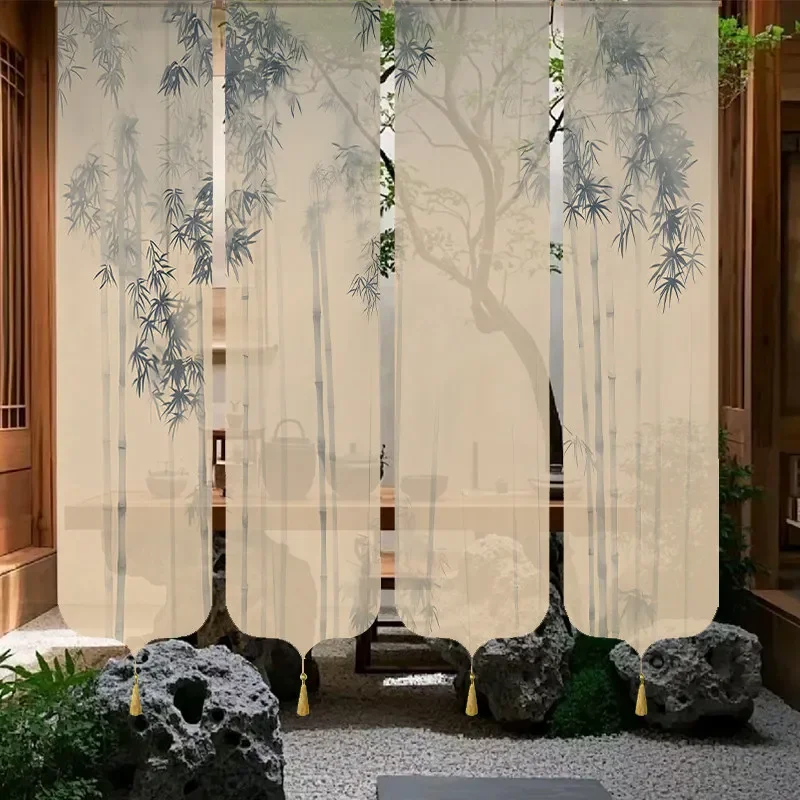 

4Pcs Chinese Ink Landscape Painting Tulle Curtain Sheer Hanging Valance for Teahouse Living Room Partition Windows Curtain