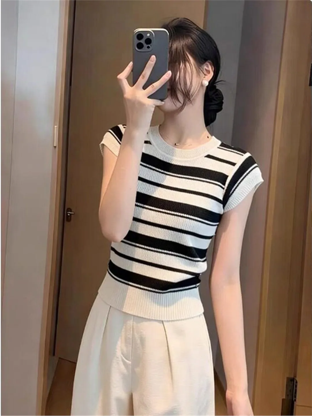 

Summer Color Block Stripe Short Sleeve Knitted Top Women's Sleeveless Vest T-Shirt Casual Slim Fit round Neck Ultra Short Style