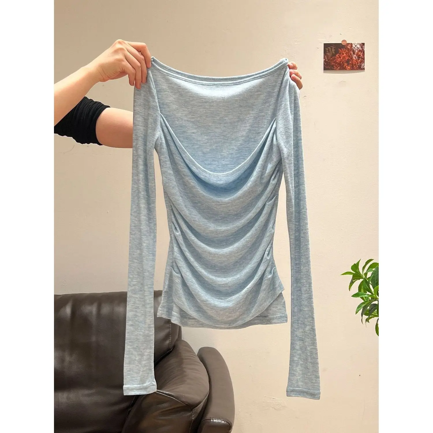 Blue Long Sleeve Base Shirt Women's Summer Tunic Top Slim Fit Gathered Neck Design Silk Cotton Blend Comfortable Breathable