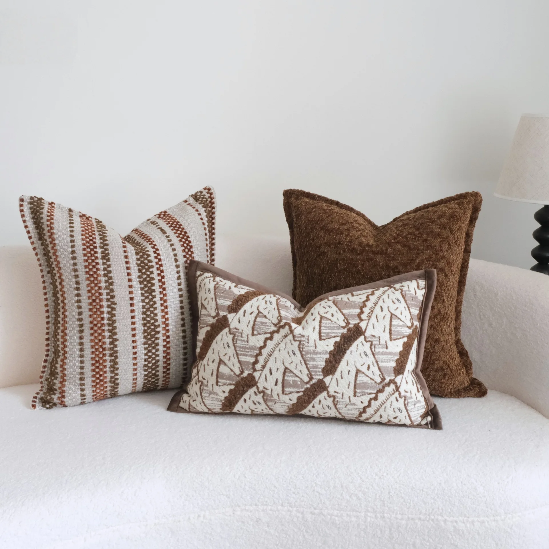 Indian Brown Tone Jacquard Pillow Cover Wide Edge Lumbar Pillowcase Stripes Pattern Cushion Cover