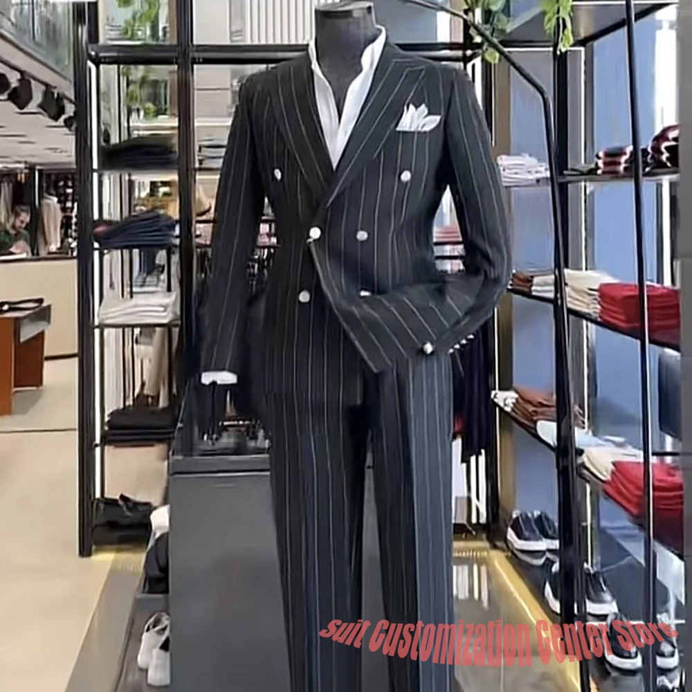 Classic Gentleman Suit 2Piece Slim Fit Double Breasted Wedding Groom Deep Gray Pinstripe Tuxedo Peak Lapel Office Formal Costume
