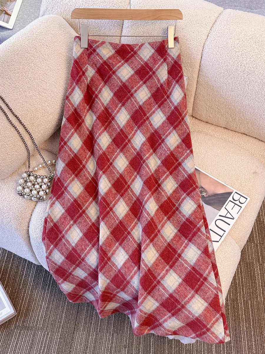 

150Kg Plus Size Women's Hip 160 Spring Autumn Loose High-Waisted Retro Red Plaid Wool Skirt 5XL 6XL 7XL 8XL 9XL