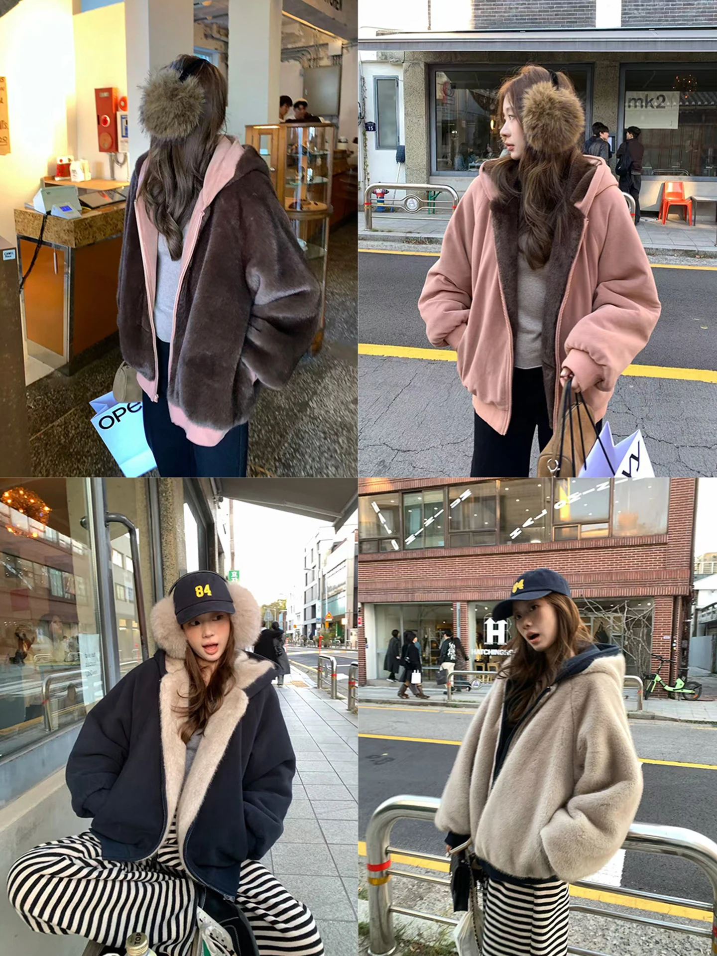 

Двусторонняя теплая женская куртка оверсайз с меховой подкладкой, повседневная, из полиэстера, с длинными рукавами, на молнии