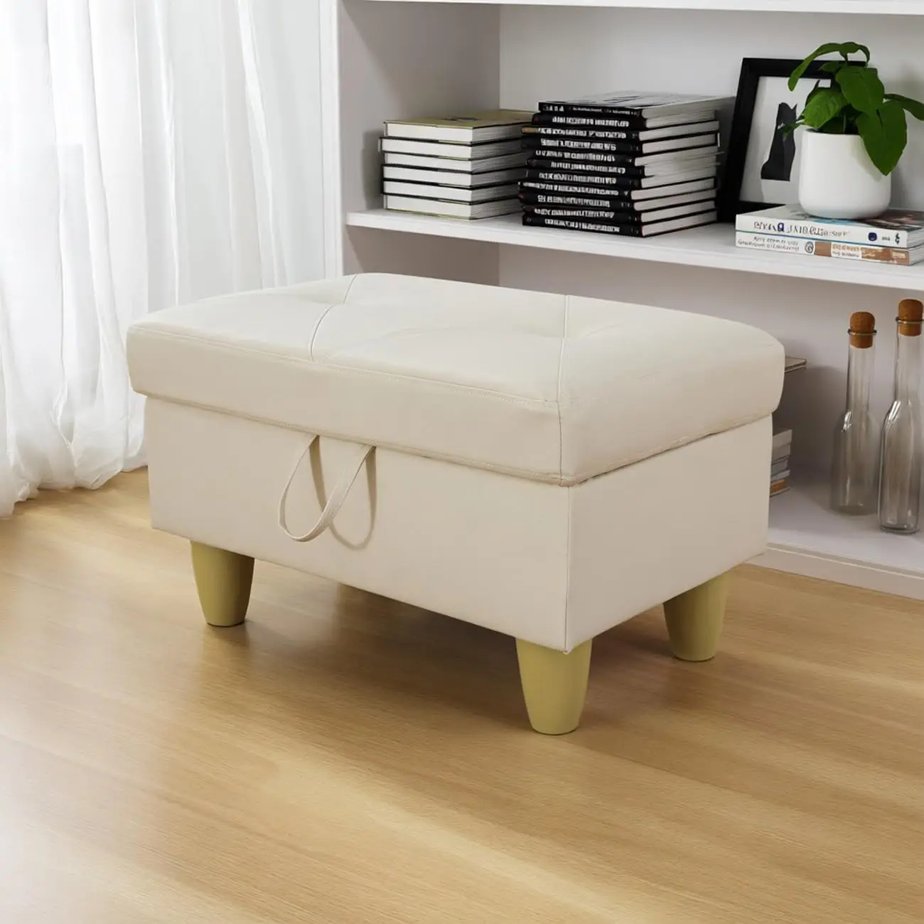 Large Square Leather Storage Ottoman Bench with Thick Cushion, 28.5 Inch Footstool and Foot Rest, Coffee Table for Living Room, Bedroom, Entryway, Home Decor, RV, Car, Loft, Creamy