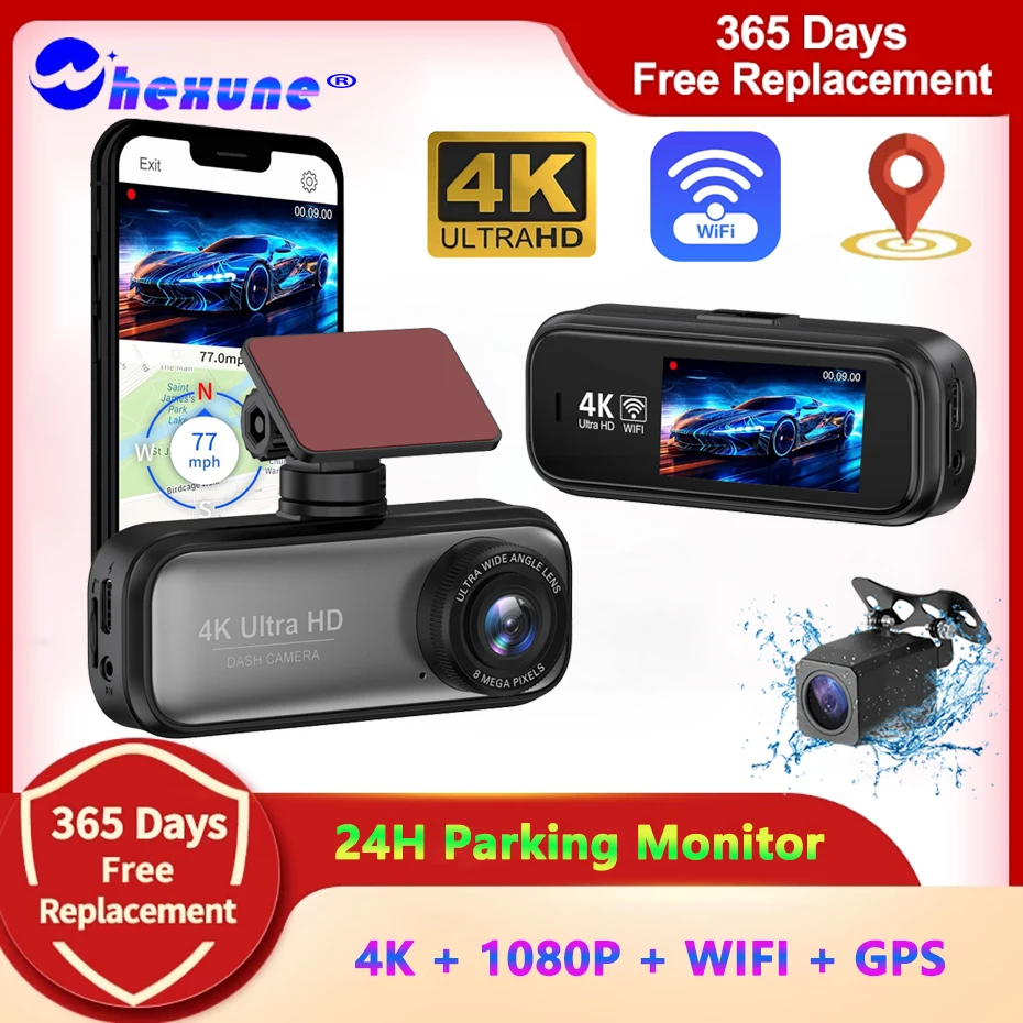 Dual Lens Dash Cam UHD 4K for Car Camera Night Vision With GPS WiFi 24h Parking Loop Record 4K Front and 1080P Rear