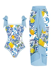 Traje de baño de una pieza con estampado azul para mujer, traje de baño con diseño ajustado de fruta de limón fresco, estilo mediterráneo, novedad de 2024