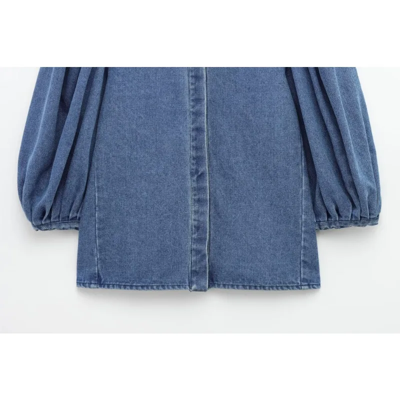 2025 ريترو قميص دينيم المرأة المتضخم نفخة الأكمام زر أسفل خمر بلوزة زرقاء الربيع الصيف اليومية بوهو الزي