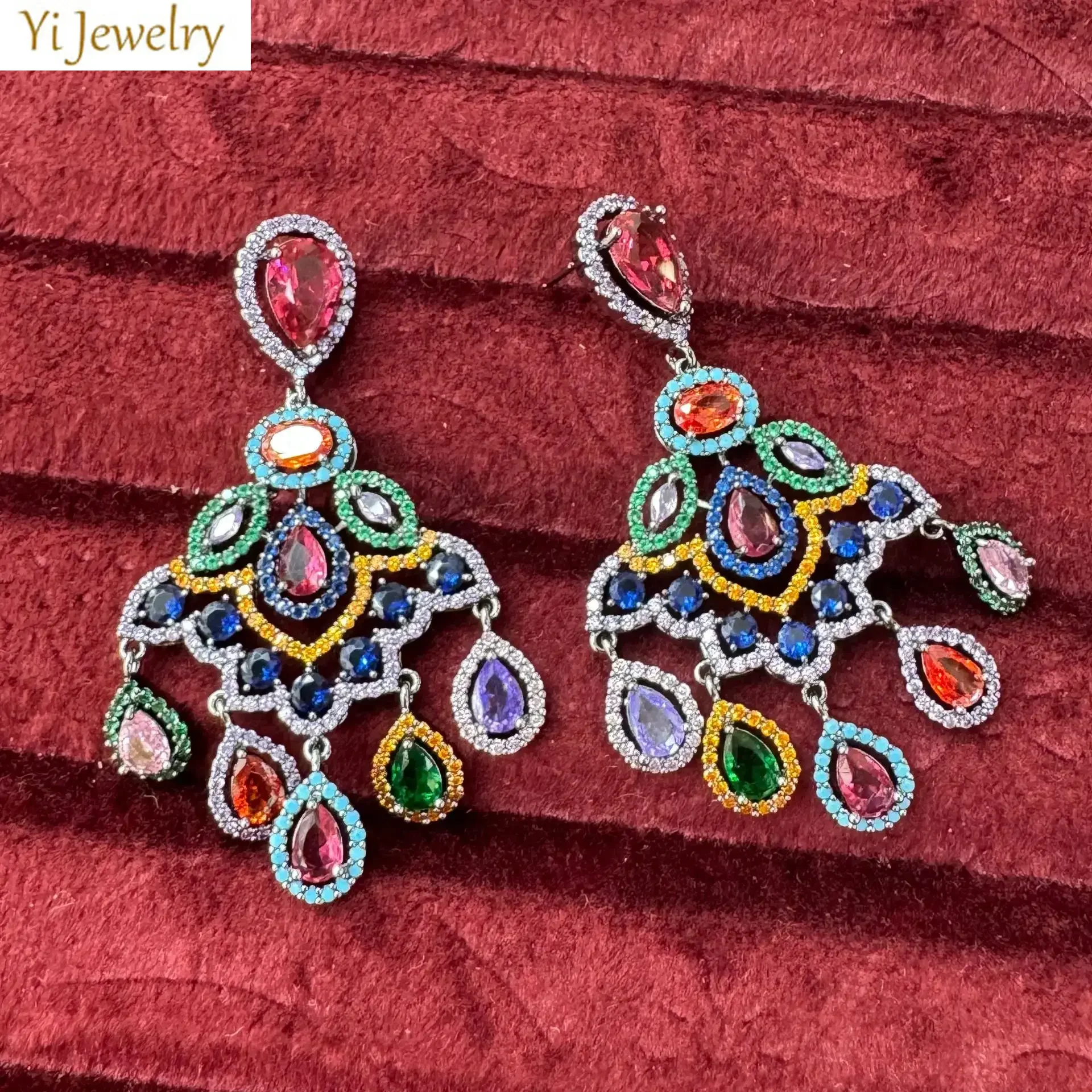 Luxury Elegant Multi Color Teardrop Cubic Zirconia Chandelier Earrings Women Tassel Dangle Earrings Wedding Banquet Jewelry