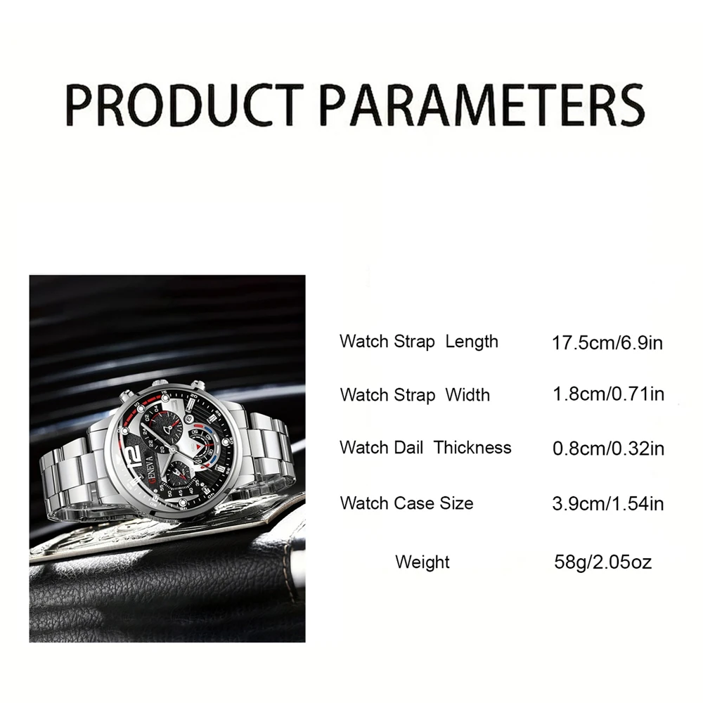 Silvery Fashion Mens Business Watches Bracelet Set Casual Stainless Steel Exquisite Dial Quartz Wristwatch Relogio Masculino