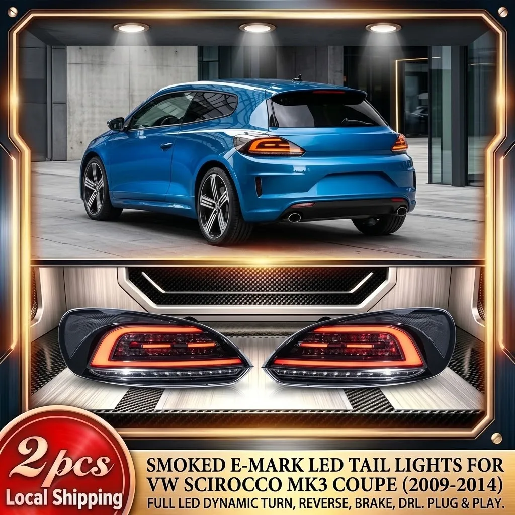 2 Stück getönte E-Mark LED-Rückleuchten für VW Scirocco MK3 Coupé 2009-2014, vollständig LED, dynamischer sequenzieller Blinker, Rückfahrlicht, Bremslicht, Tagfahrlicht, Rückleuchte, direkte Passform,