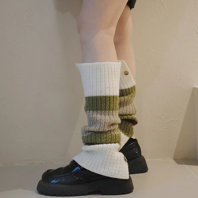 Y2K Vintage Button-up Patchwork Knitted Pile Socks Casual Leg Warmers JK Women's Long Socks Lolita Split Leg Cover Boot Cuffs