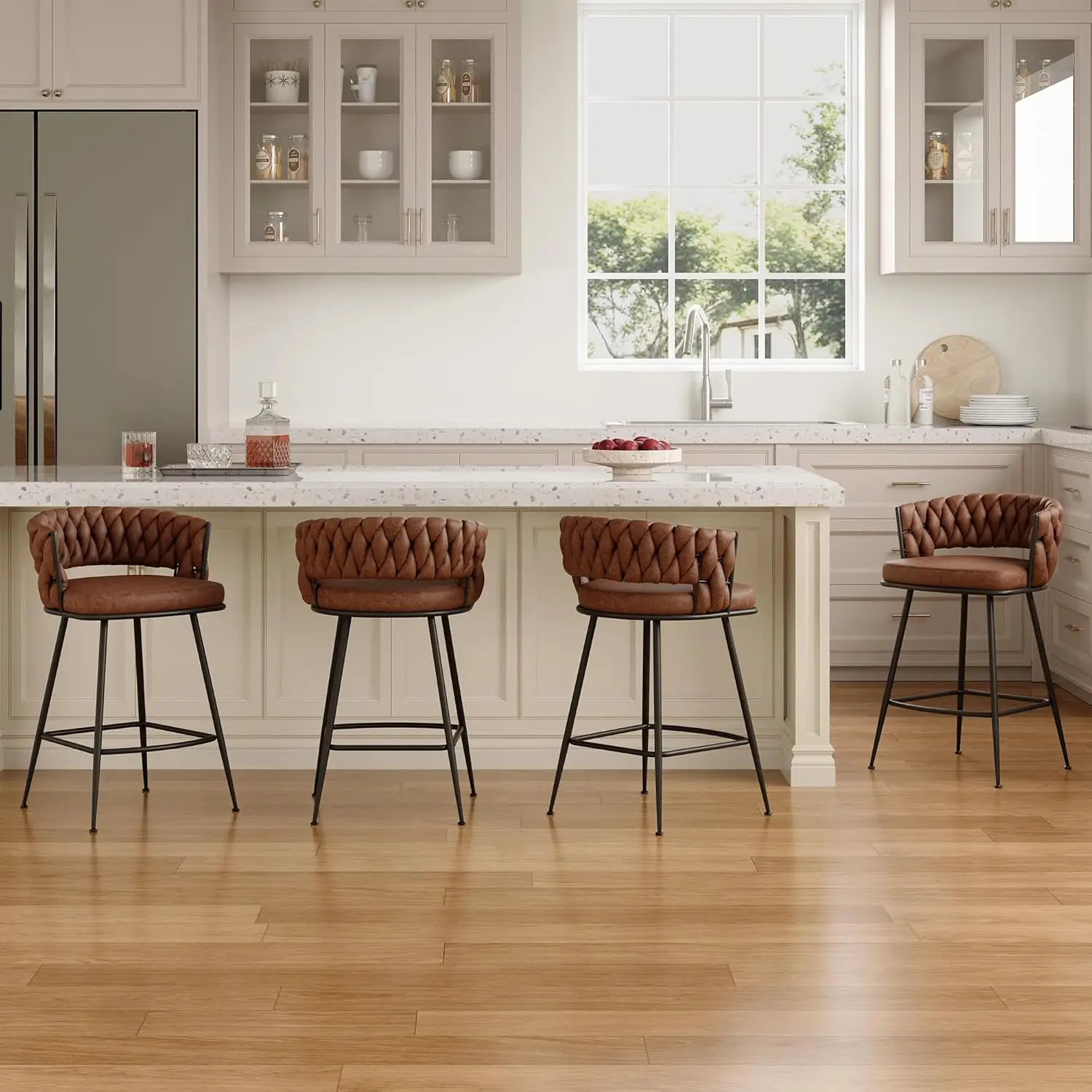 

Набор 24-дюймовых барных стульев из 4 шт., барные стулья высотой стойки, барные стулья из замшевой ткани с тканой спинкой и подставкой для ног, по индивидуальному заказу