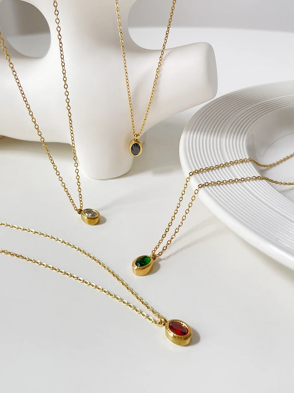 Peri\'sBox Multicolor Little Oval Zircon Pendant Necklace Women Stainless Steel Minimalist Gold Plated Layering Necklacs Jewelry