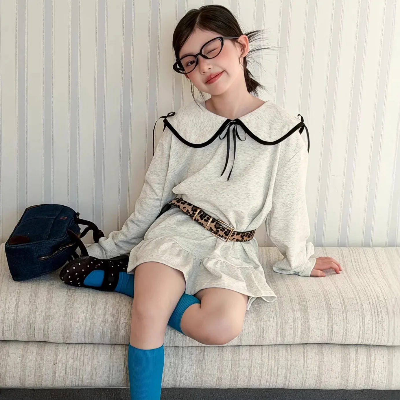 Girls Dress 2026 Spring New Korean Style Bow Doll Collar Dress Casual Fashion Daily Temperament Wear