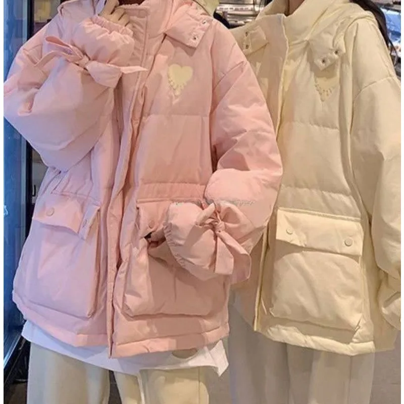 2023 New Women  Winter Padded Coat Jacket Female Suckling Little Man Parkas Loose Hooded Outwear Sweet Short-Length Overcoat