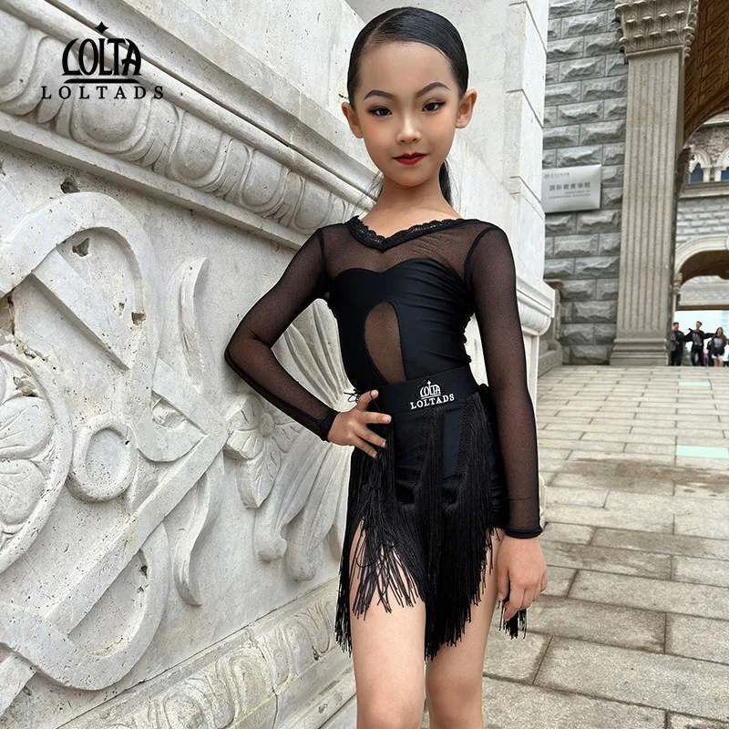 

customized children's black tassel mesh set Latin dance dress performance outfit Cha Cha samba tango rumba salsa dance skirt set
