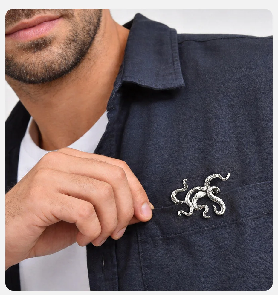 Vnox Exquisite Kreative Krokodil-Tiger-Oktopus-Tier-Taschenbrosche für Herren, Retro-Gentleman-Anzug-Accessoire, Schmuckgeschenk – Detail 2