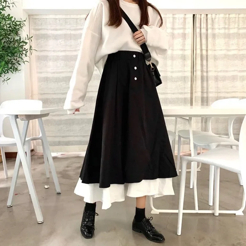 Skirts Women Chic Korean Retro Ruffles All-match Summer Fall Basic Ladies Skirt Lovely Patchwork Ins Elastic Waist Womens Faldas