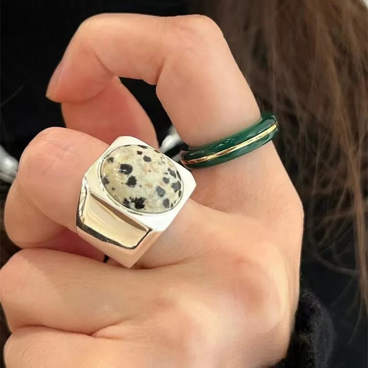 

Jenny&dave Cocktail Ring With Speckled Stone And White Fritillaria Inlay Elegant Party Jewelry Rings Women's Ring