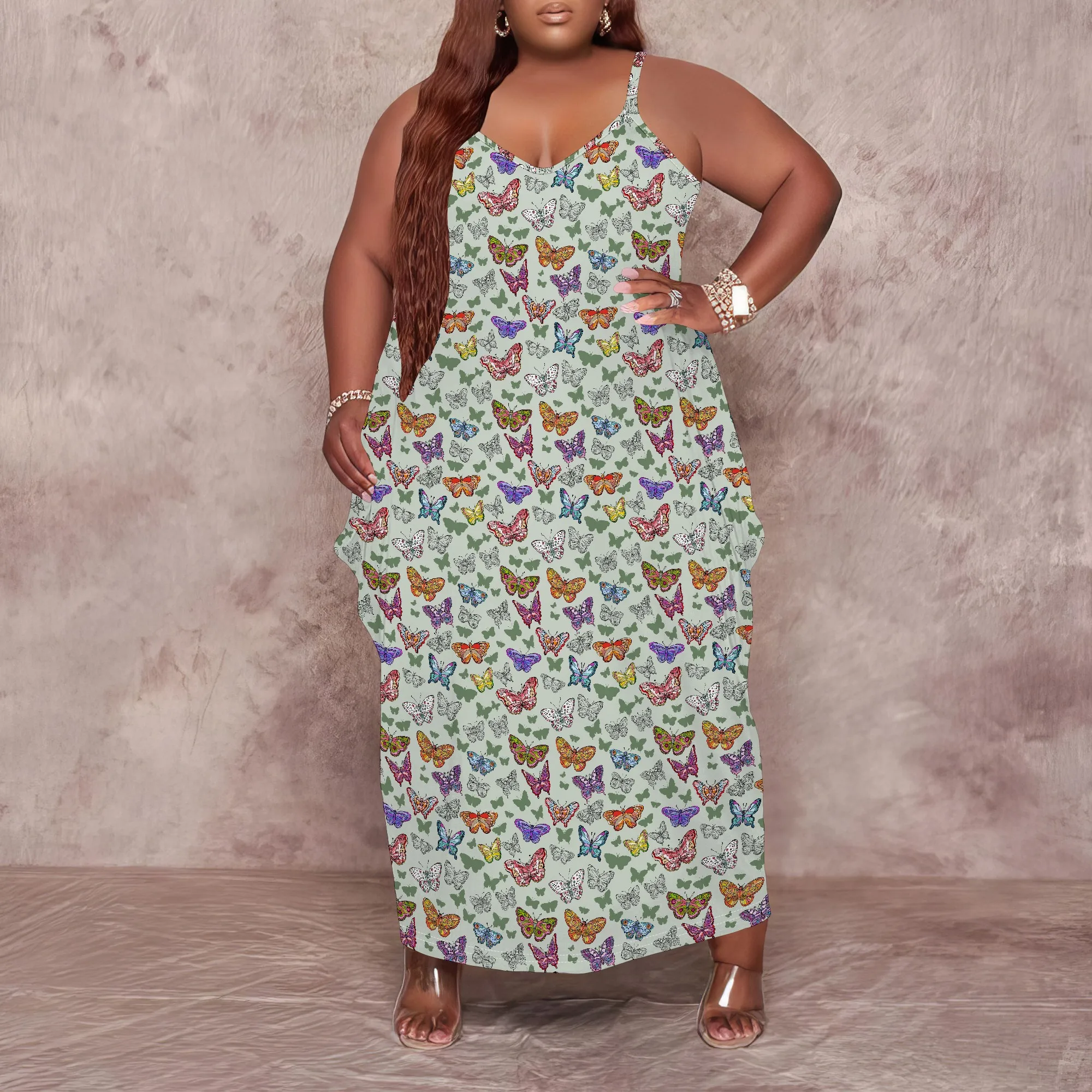 여성용 플러스 사이즈 드레스 포켓이 있는 루즈한 홀터 롱 드레스 통기성 소박한 나비 프린트 XL-6XL ​