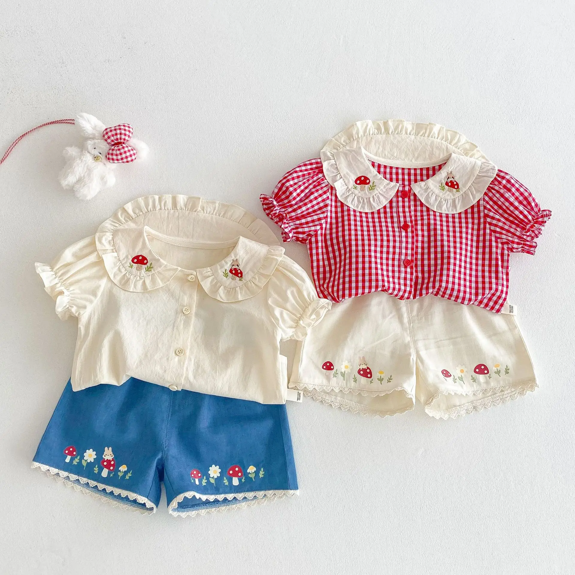 Sweet Girl's Shirt 2025 New Summer Baby Embroidered Cartoon Mushroom Plaid Shirt Children's Korean Shorts