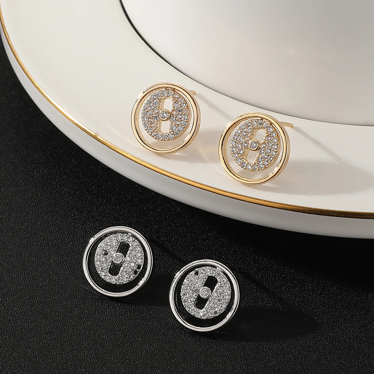 Women Fashion Trendy Zircon Choker Necklace Earring Set Round Design Wedding Party Adjustable Necklace Jewelry Set ​Accessory
