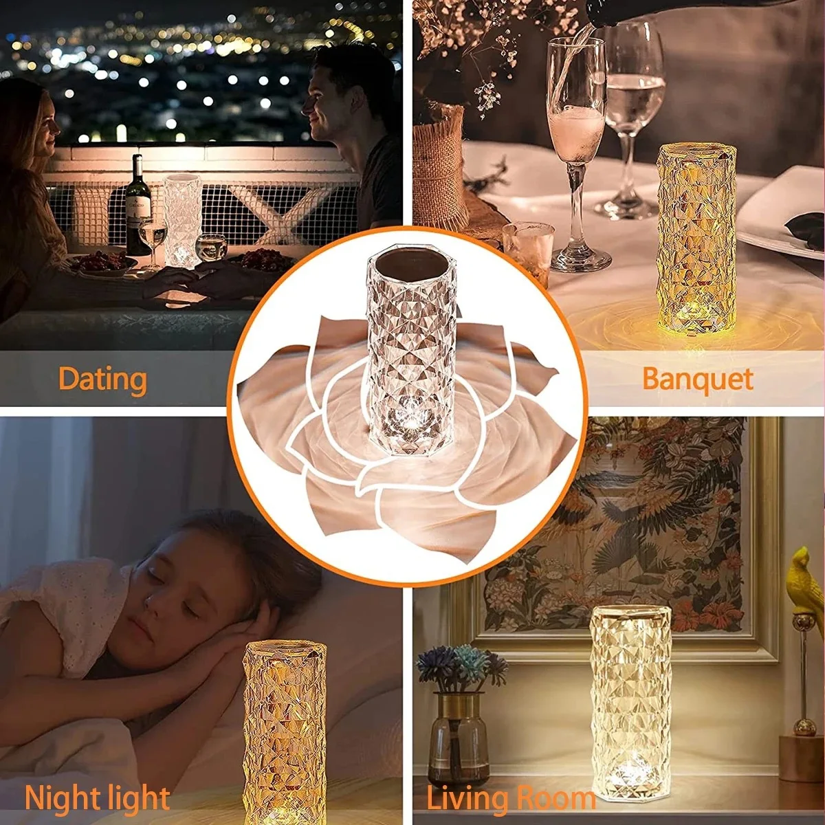 Crystal Diamond Table Lamp Rechargeable Acrylic Bedroom Bedside Ambiance Lamp Rose Decorative Lamp Touch Creative Night Lights