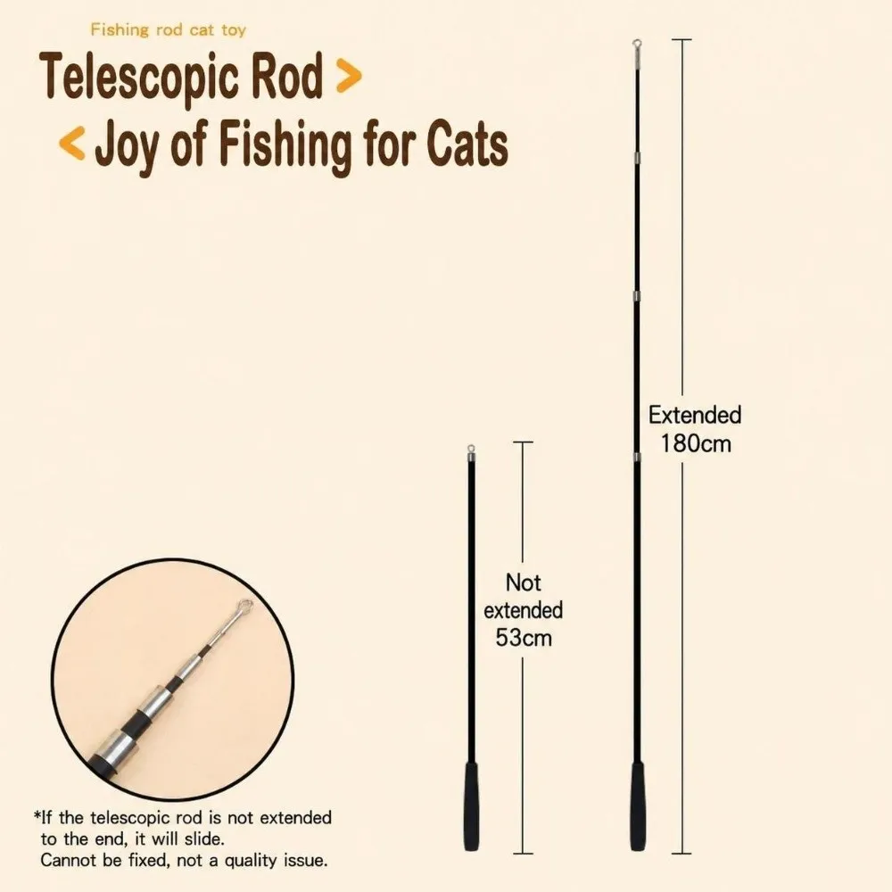 1.8m Extra Long Retractable Cat Wand 4-Section Telescopic with Detachable Feather Worm Refill Cat Teaser Stick Fishing Pole Cat