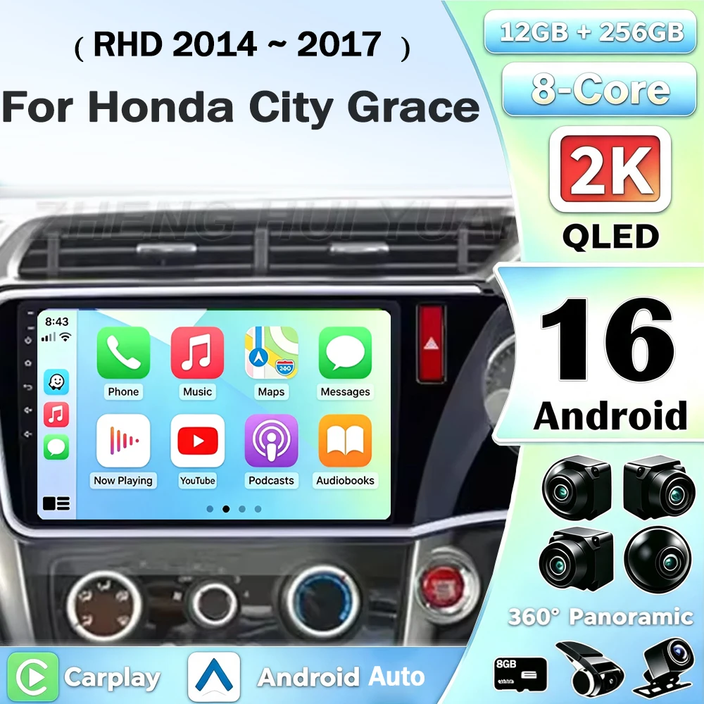 Pour Honda City Grace RHD 2014 2015 2016 2017 Autoradio Android 16 Lecteur Multimédia Android Auto Carplay Unité Principale Navigation GPS