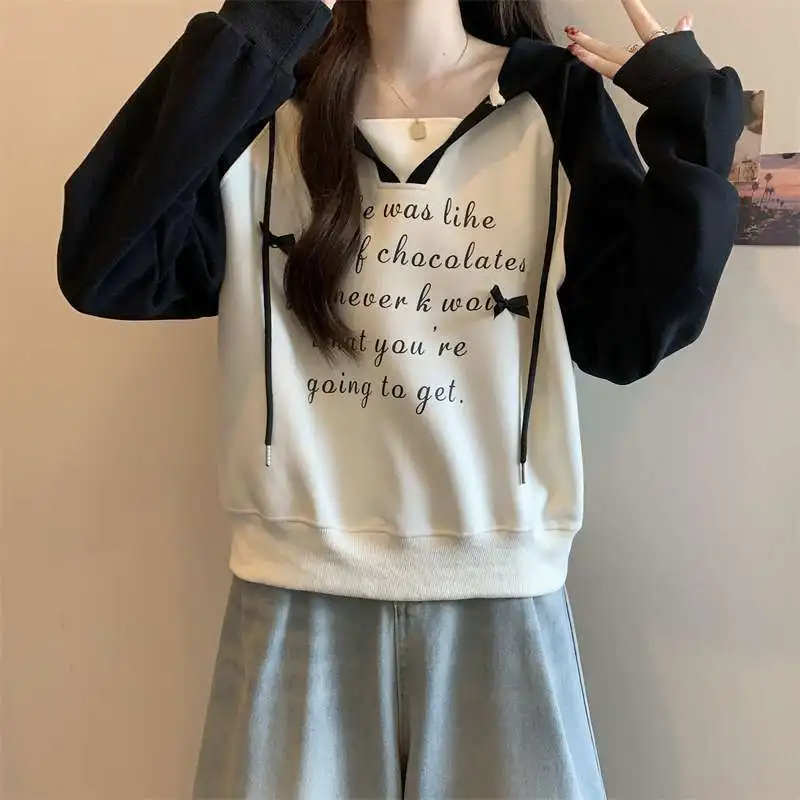 Femme Spring Summer Korean Fashion Simplicity Printing Color Blocking Hoodies Women Clothes All-match Young Style Long Sleeve To