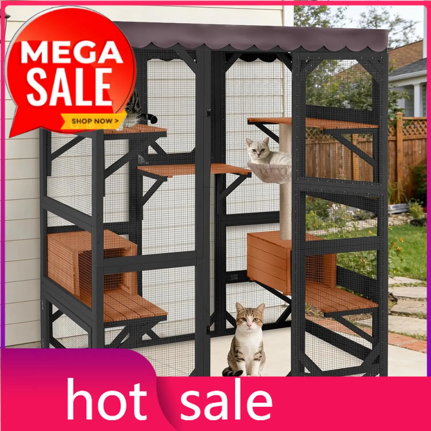 

70.1’’ Large Catio Outdoor Cat Enclosure, Weatherproof Walk-in Cat Cage with Hammock and Scratching Post for Multiple Cats, Cat