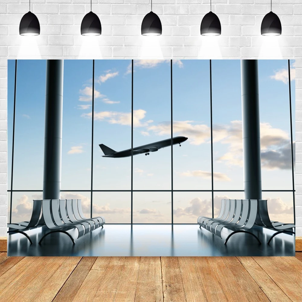 Plane Take Off French Window Photography Backdrop Airport Waiting Room Poster Baby Portrait Photographic Background Photo Studio