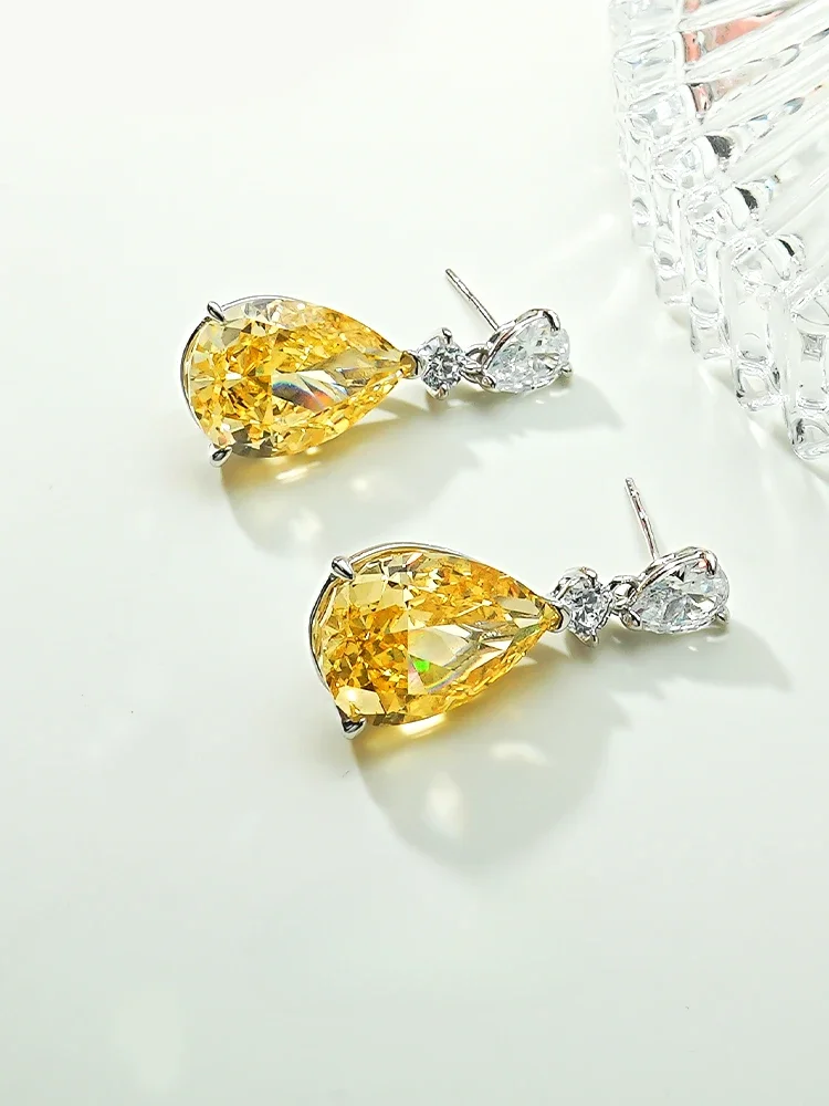 Waterdrop Yellow Diamond Earrings, Sterling Silver Inlaid with High Carbon Diamond Earrings, Small and High end Wedding Jewelry