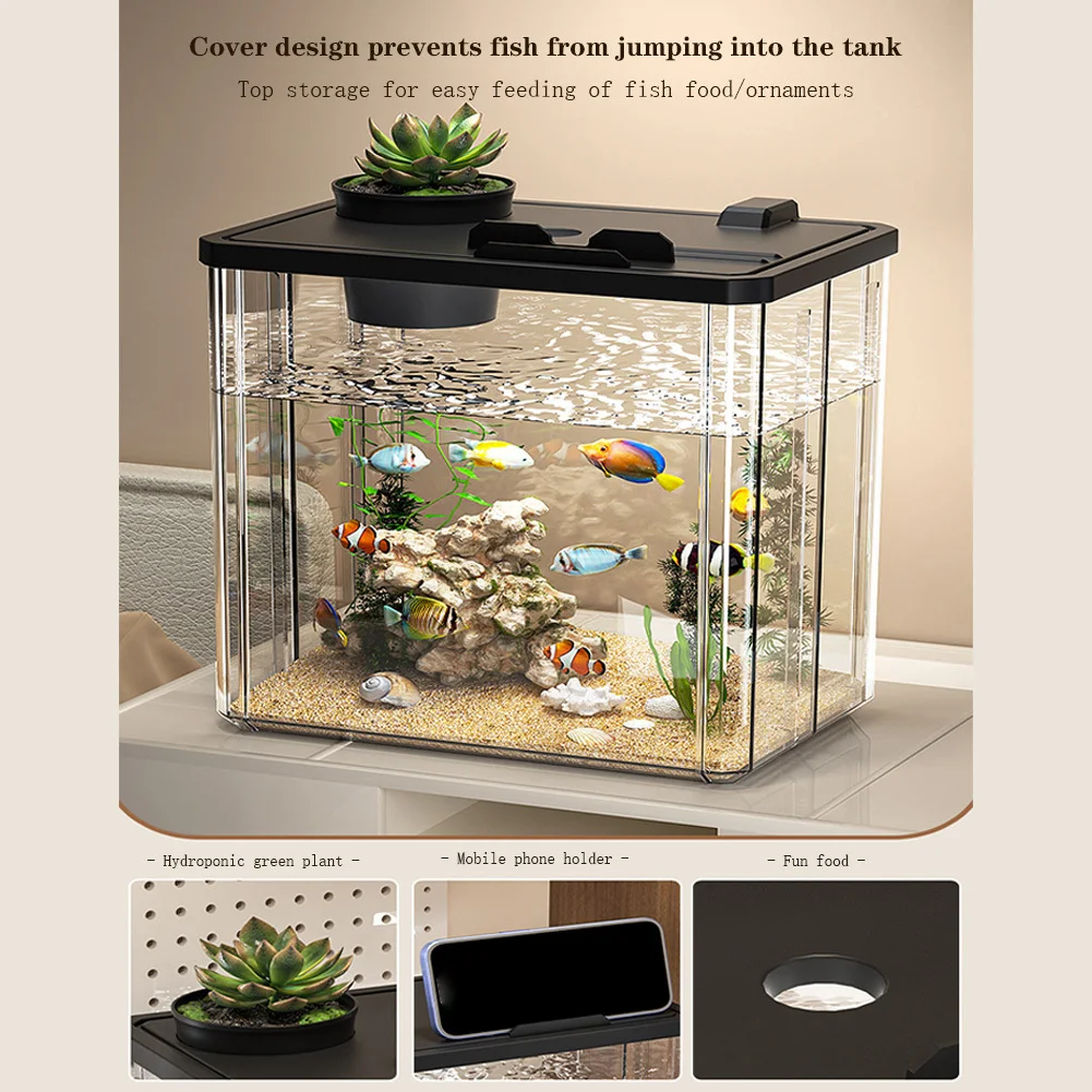 

Fish Tank Aquarium Starter Kit, Mini Desktop Rectangular Fish Tank with Pump, LED Light, Simulated Water Plant