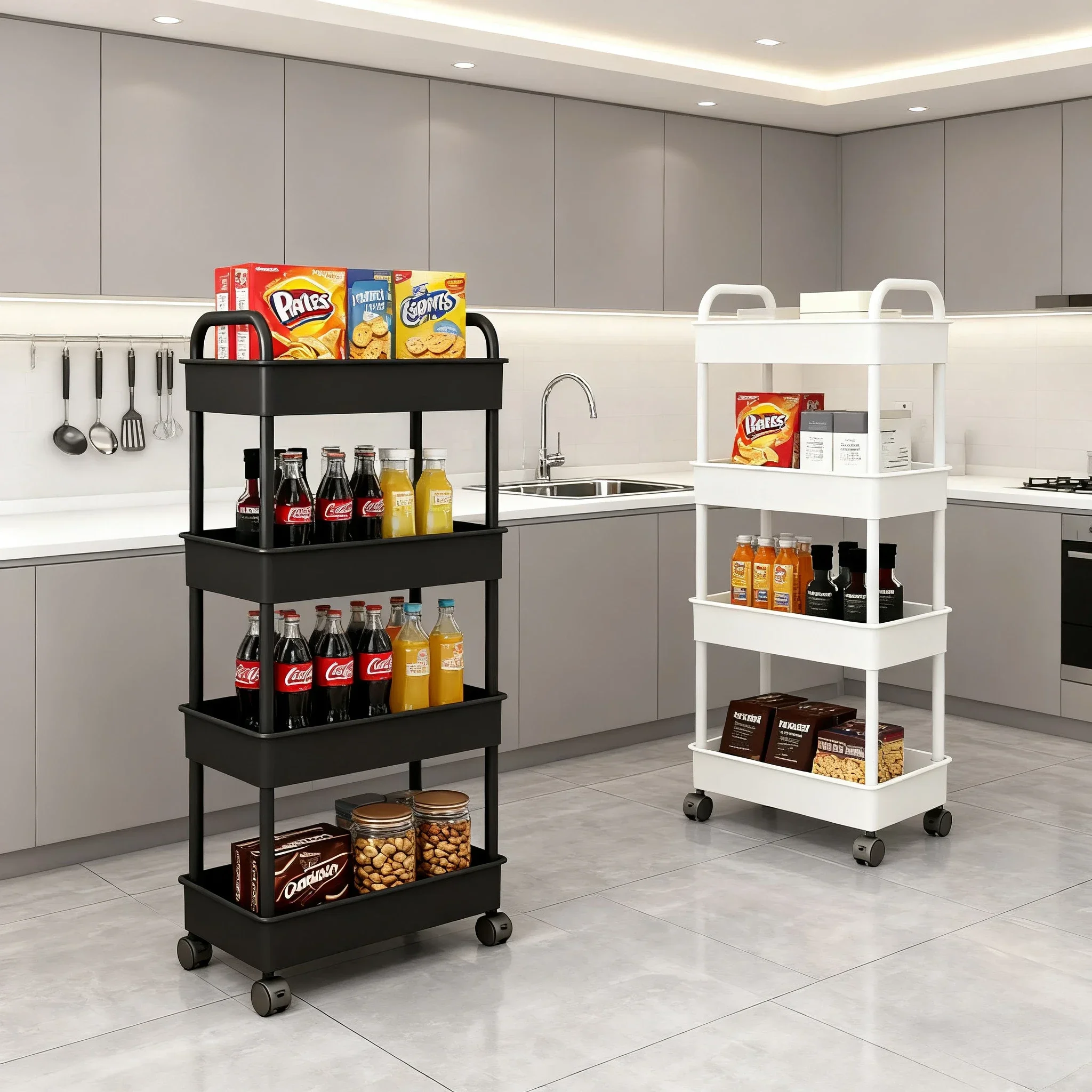 2025 Multifunctional White Rolling Storage Cart:Open Shelves for Living Spaces Book Display,Ideal for Kitchen,Bedroom Storage