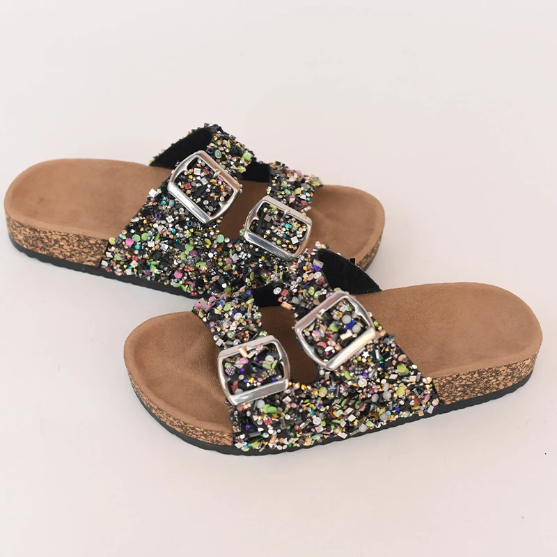 Fashion Imitation WoodGrain Sandals Women Diamond Sequins Double Buckle Women\'s Flat Slippers Fall and Winter New Shoes