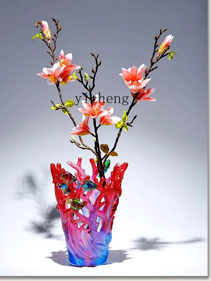 

ZZ glazed red coral vase art ornament living room light luxury high sense flower arrangement entrance decoration