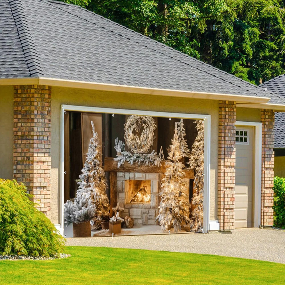 クリスマスガレージドア装飾冬の暖炉クリスマスツリーレンガ壁ガレージドアカバー壁パティオ庭外用
