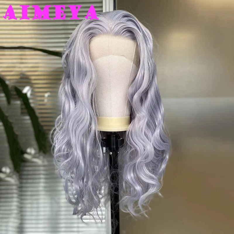 AIMEYA Light Grey Loose Curly Wig Long Synthetic Lace Front Wigs Heat Resiatant Silver Lace Wig Daily Use Cosplay Wig