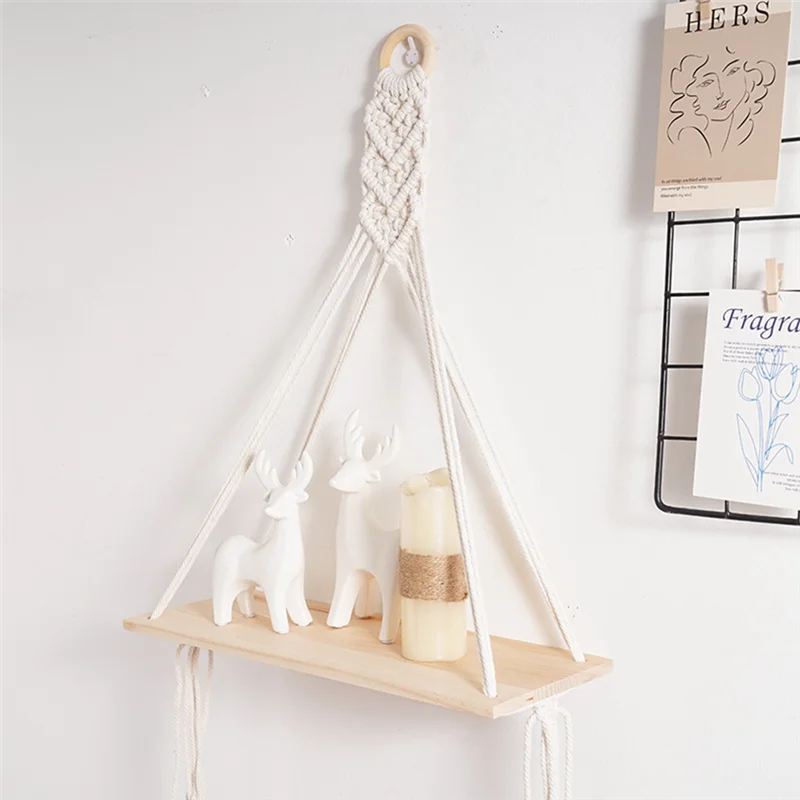 AK25-2PCS Hanging Shelf Boho Handmade Bohemian Wooden Plants Floating Rope Shelves Decorative Holder
