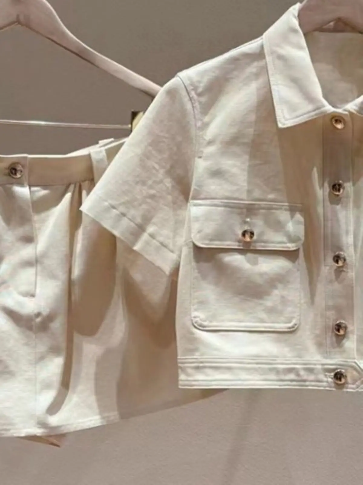 

Spring/Summer Women Turn-down Collar Short Sleeve Solid Set Single Breasted Shirt + High Waist A-line Pocket Fashion Mini Skirt