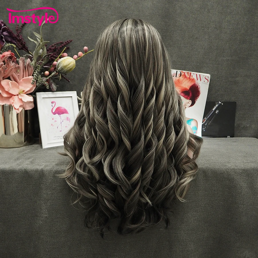 Imsyle Dark Brown Synthtic Lace Front Wig Highlight Blonde Long Wavy Wigs For Women Heat Resistnt Fiber Cosplay Daily Wig