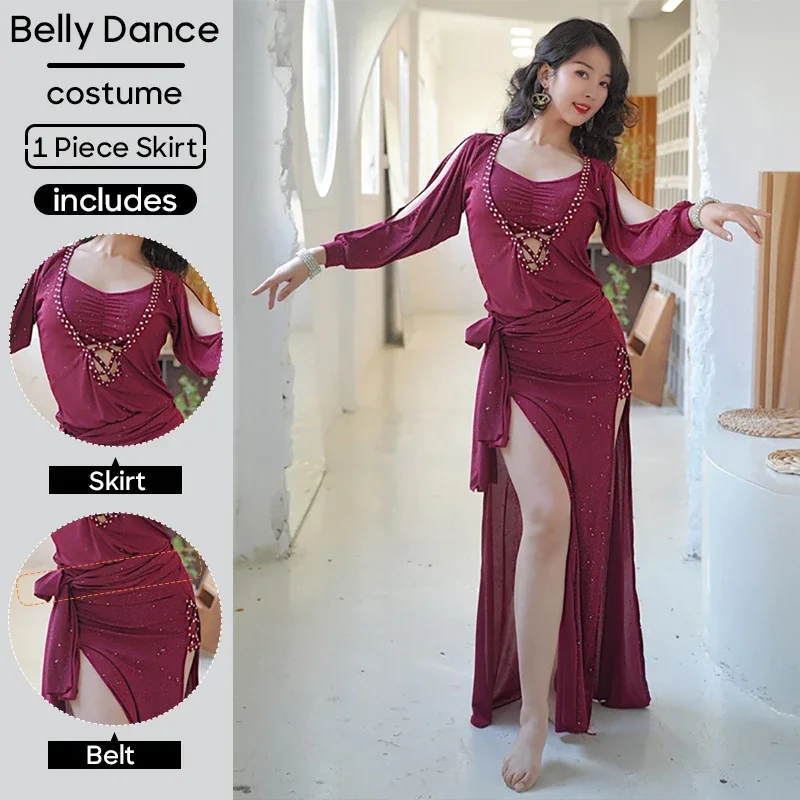 

Adult Women Stage Performance Practice Clothes Belly Dance Costume One Piece Skirt with Belt & Tube Top Shaabi Baladi Robe