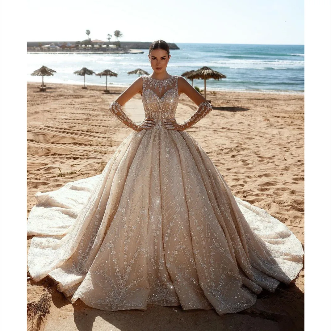 

Sparkly Wedding Dress V Neck Sequins Ball Gowns Shine 3D Lace Appliques Beads Bridal Gowns Vestina De Novia Plus Size Customized