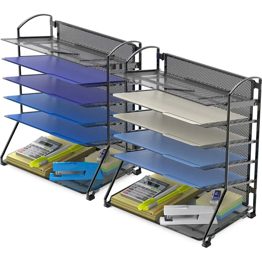 

6 Tier Sliding Mail Document Organizer Black 2 Packs Desk Letter Tray Storage Rack 9"L x 13"W x 15.5"H