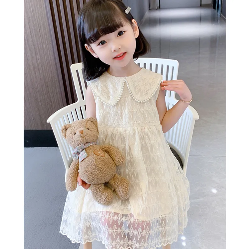 baby Girls Dress Summer 2024 Girl Pearl Princess Dress Breathable and Fashionable Girl Treasure Sleeveless mesh Princess Dress